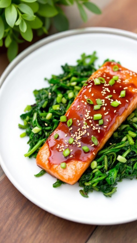 Teriyaki glazed salmon on sesame greens, garnished with sesame seeds and green onions on a white plate.